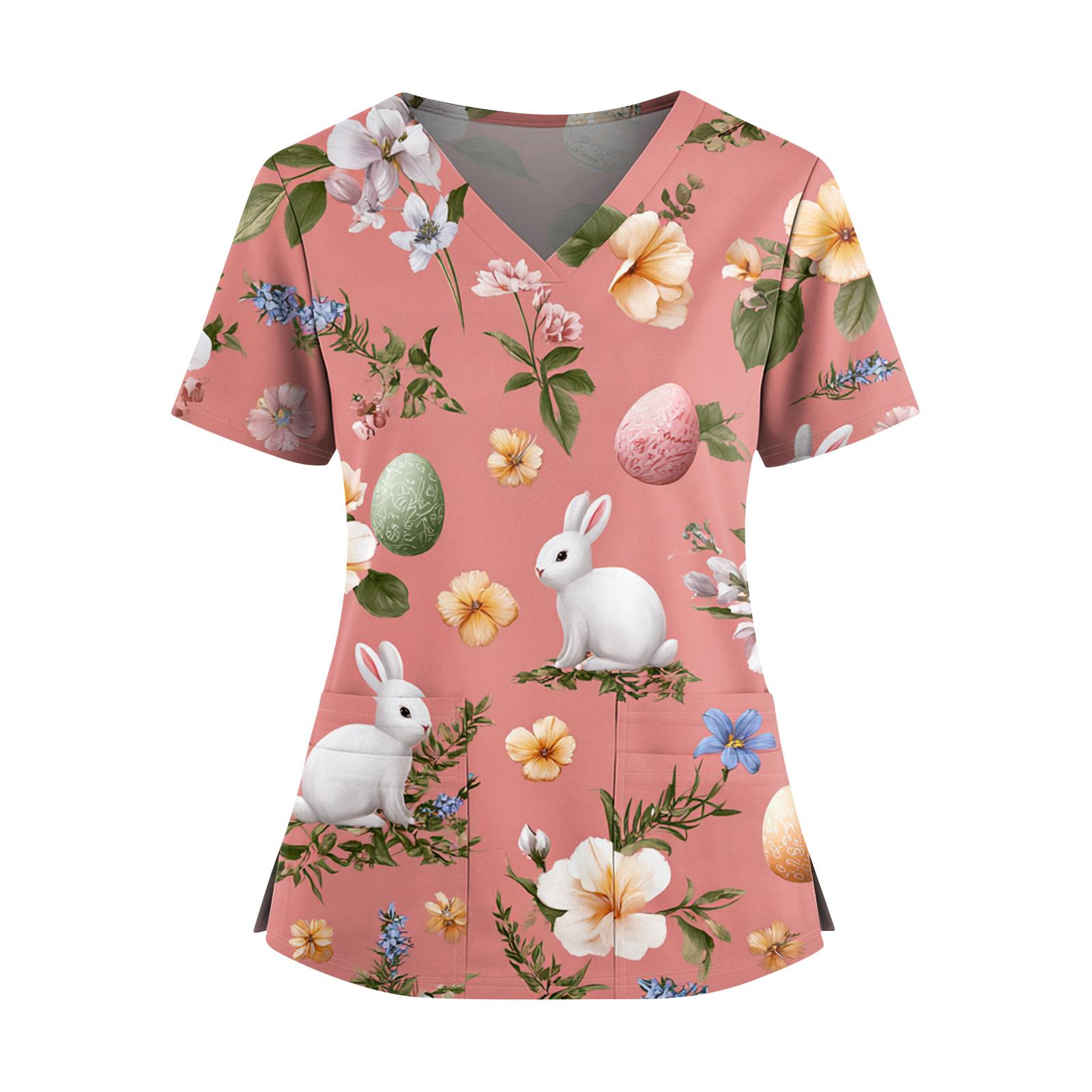 

Women s Easter Print V-Neck Double Pocket Short Sleeve Uniform Top With Slit Hem XL кавун червоний колір
