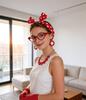 PESENAR  50s Retro Housewife Costume Accessory Set with Red Polka Dot Headband, Gloves, Earrings and Glasses