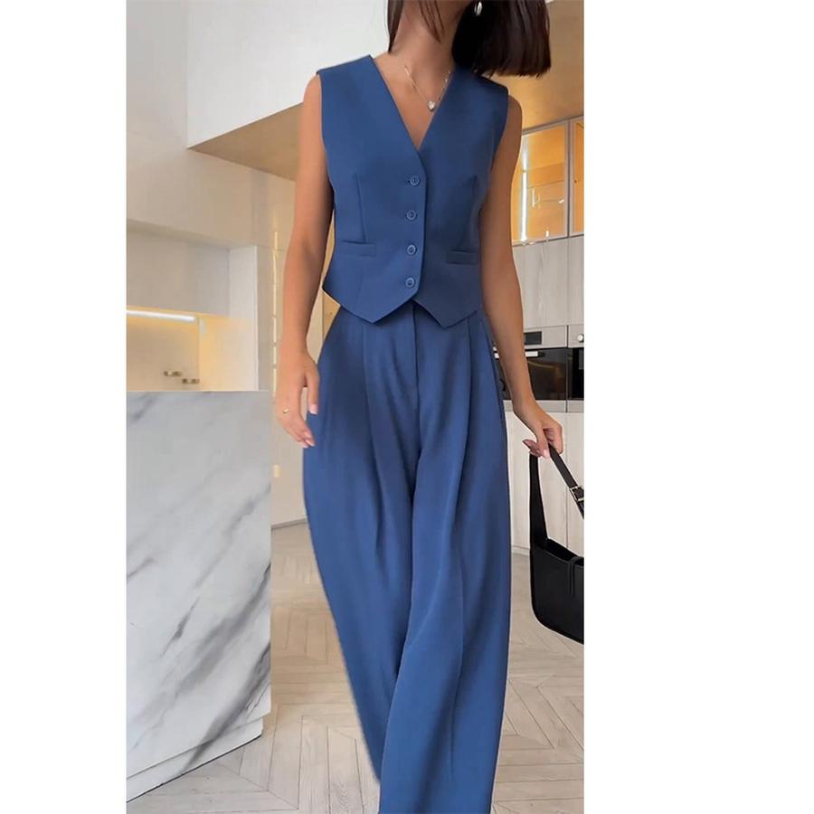 Women's Spring New Arrivals V-Neck Sleeveless Vest Wide Leg Pants Casual Set