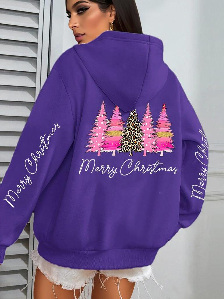 Women's Casual Hoodie - Pink Cross Christmas Tree Design for Autumn/Winter