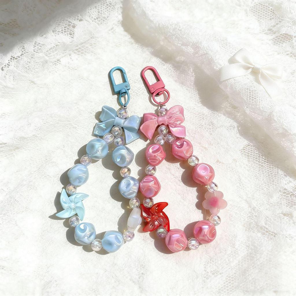Dopamin Girly Blume Schleife Perlen Handykette & Lippenstift Halter Schlüsselanhänger