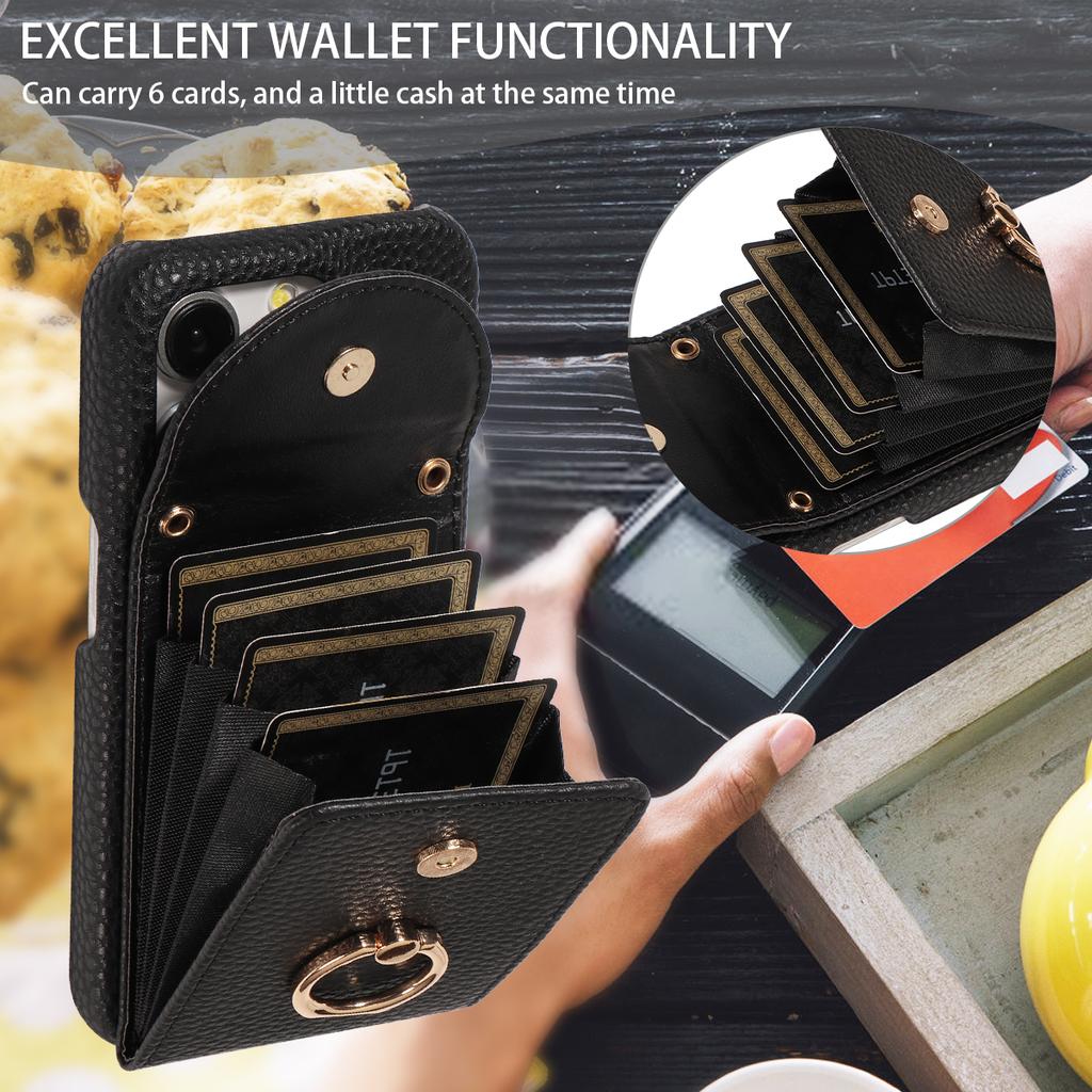 Wysokiej jakości etui na telefon z podstawką pierścieniową i wzorem liczi dla iPhone'a 16 15 14 13 ze smyczą crossbody, ze sztucznej skóry, odporne na upadki