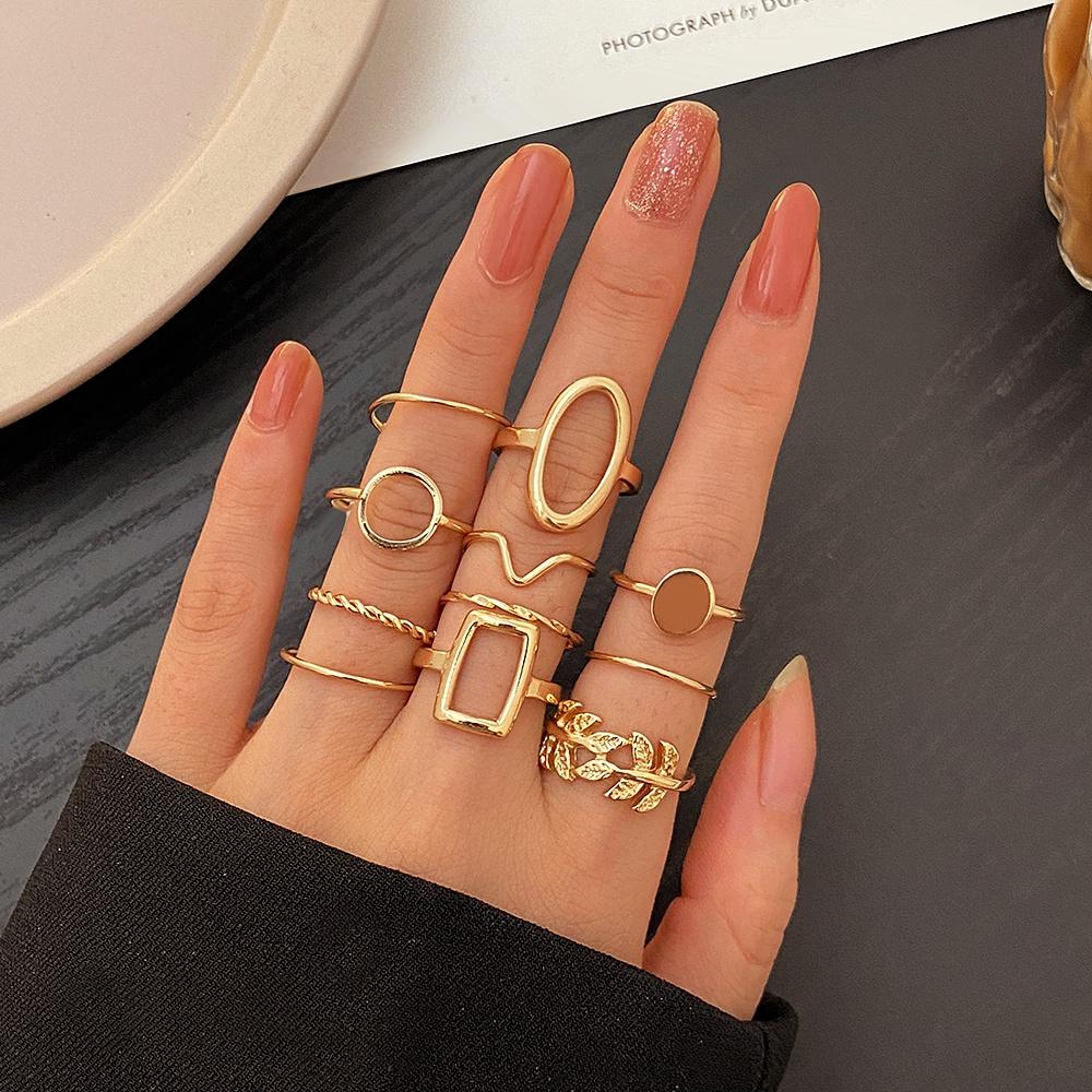 11pcs/set Korean Fashion Geometric Plain Circle Leaf Ring Gold Silver Rings Women Accessories