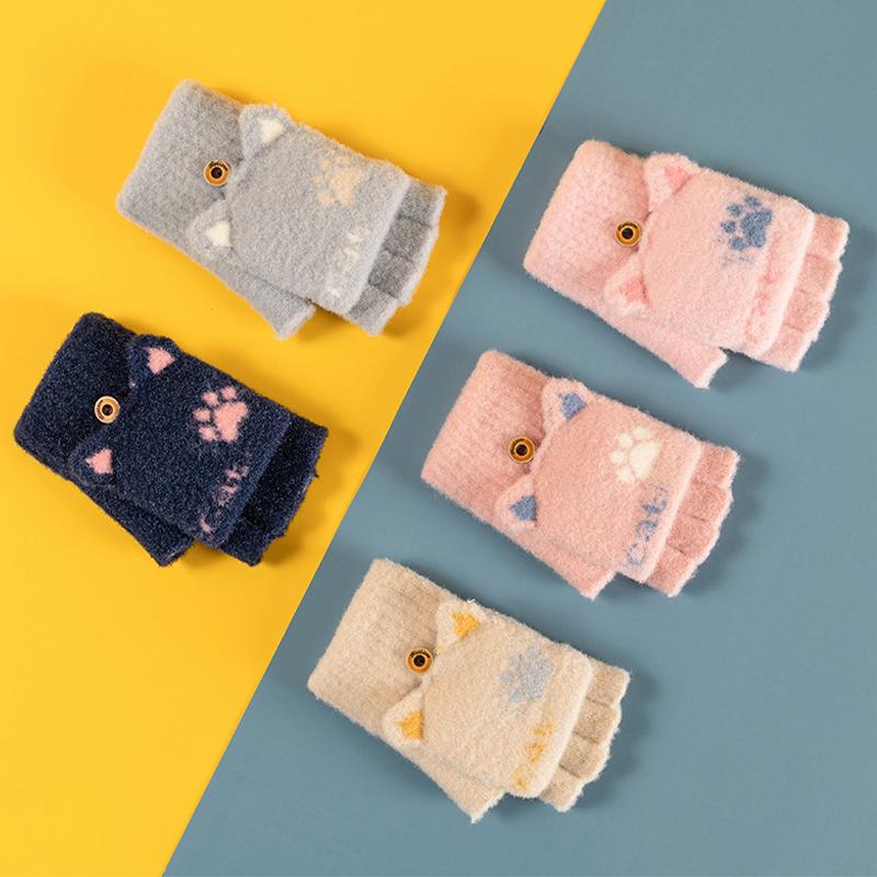 Handschuhe für Damen, Winter, süße Cartoon-Halbfinger-Flip-up-warme Student-Schreib-Strickhandschuhe