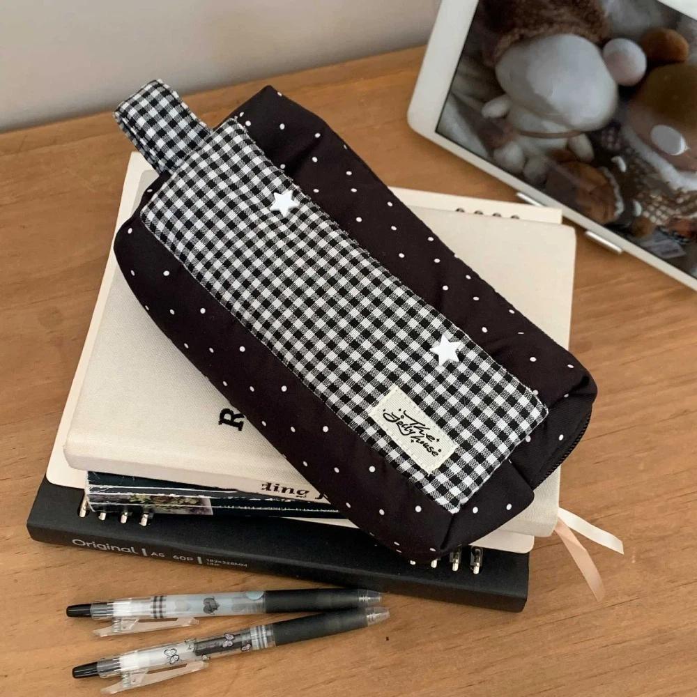 Large Capacity Plaid Cloth Pencil Case Makeup Bag Polka Dot Star Pen Storage Bag Desktop Organizer Pencil Holder