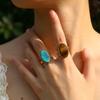 Bohemian Oval Turquoise Tiger Eye Adjustable Open Ring for Women Stainless Steel Gold Plated Finger Jewelry Gift Waterproof