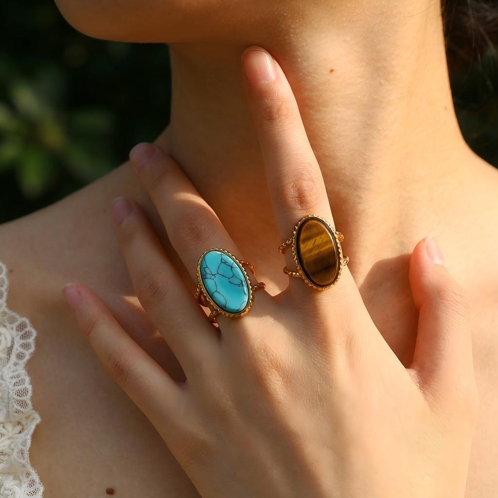 Bohemian Oval Turquoise Tiger Eye Adjustable Open Ring for Women Stainless Steel Gold Plated Finger Jewelry Gift Waterproof