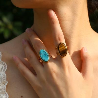 Bohemian Oval Turquoise Tiger Eye Adjustable Open Ring for Women Stainless Steel Gold Plated Finger Jewelry Gift Waterproof
