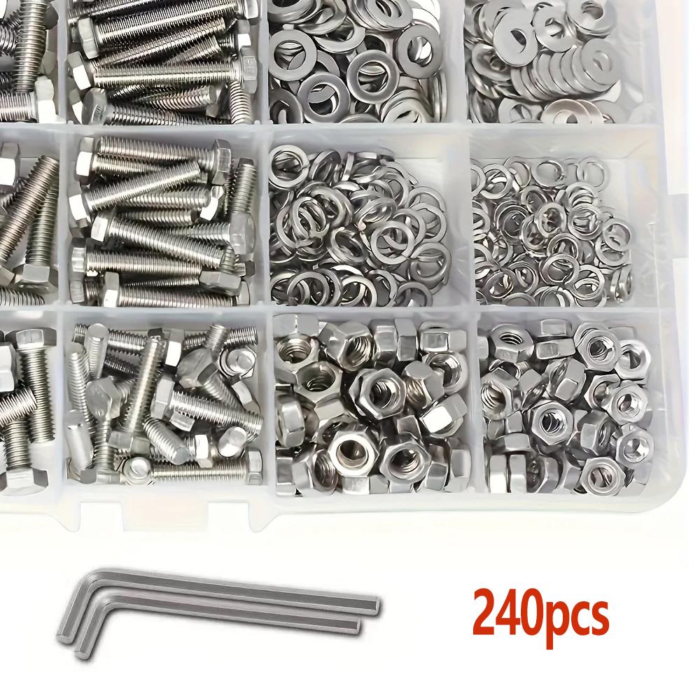 240pcs Stainless Steel Hex Button Socket Head Cap Screw Flat Washer Hexagon Thread Machine Metric Nut Bolt Assortment Kit Set
