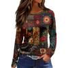 Women's Fashion Hem Slit Casual Retro Floral Print Round Neck Long Sleeve Top