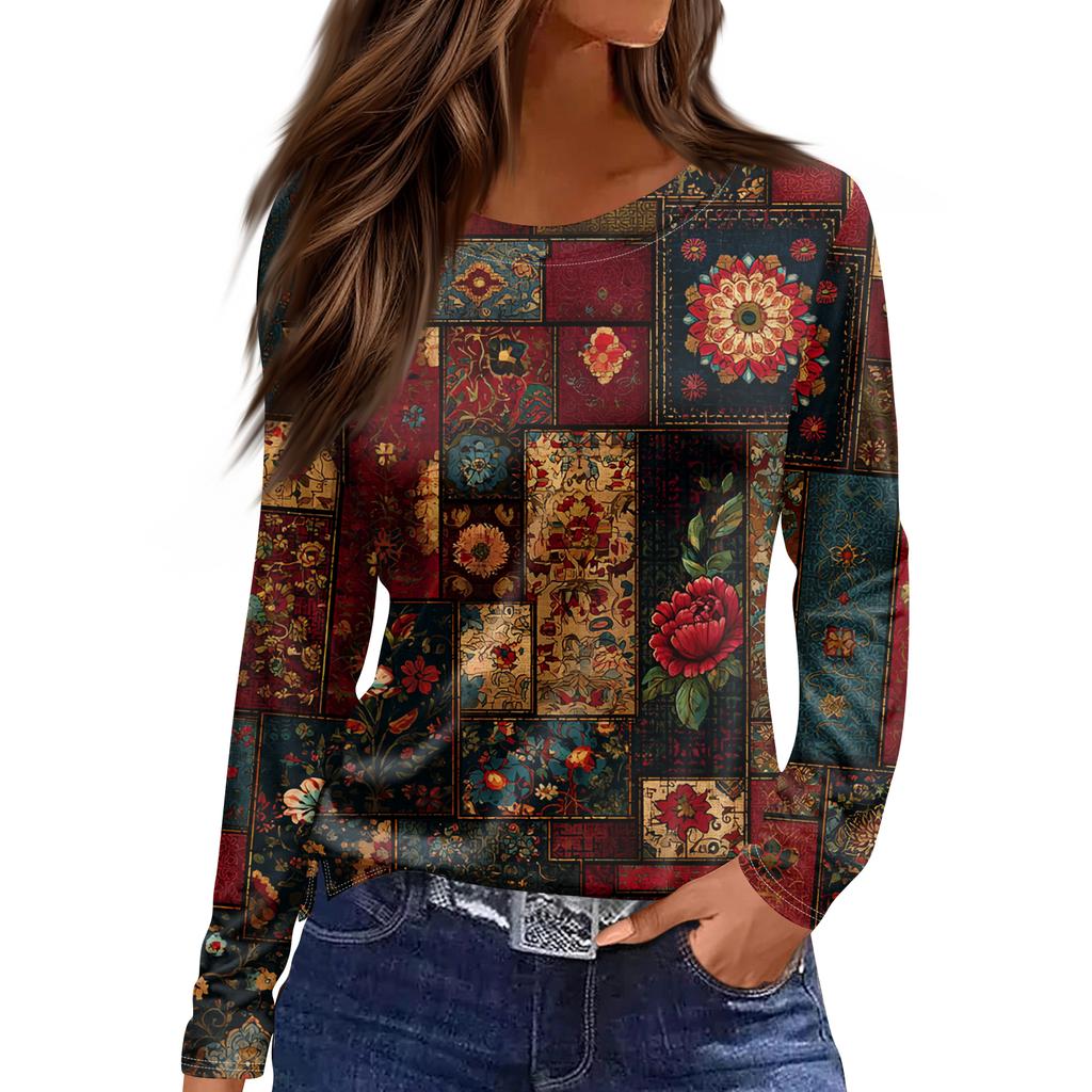 Women's Fashion Hem Slit Casual Retro Floral Print Round Neck Long Sleeve Top