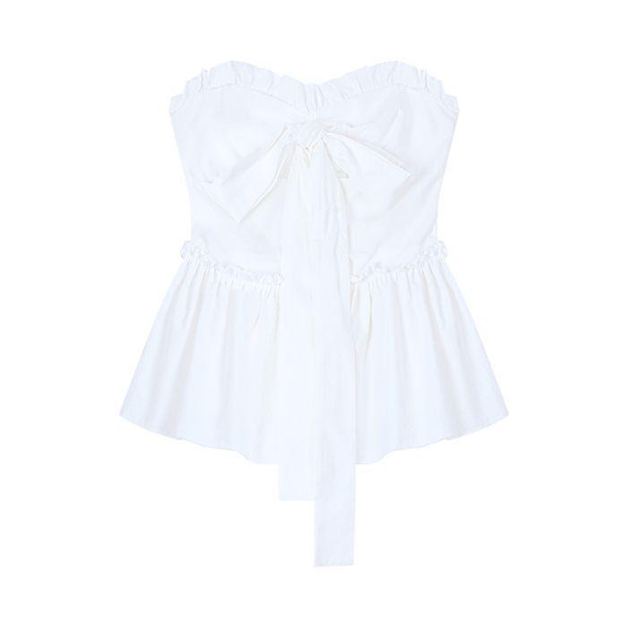White Ruffled Bow Tie Strap Bandeau Top - Chic Slimming Waist-Cinched Summer Style for Women