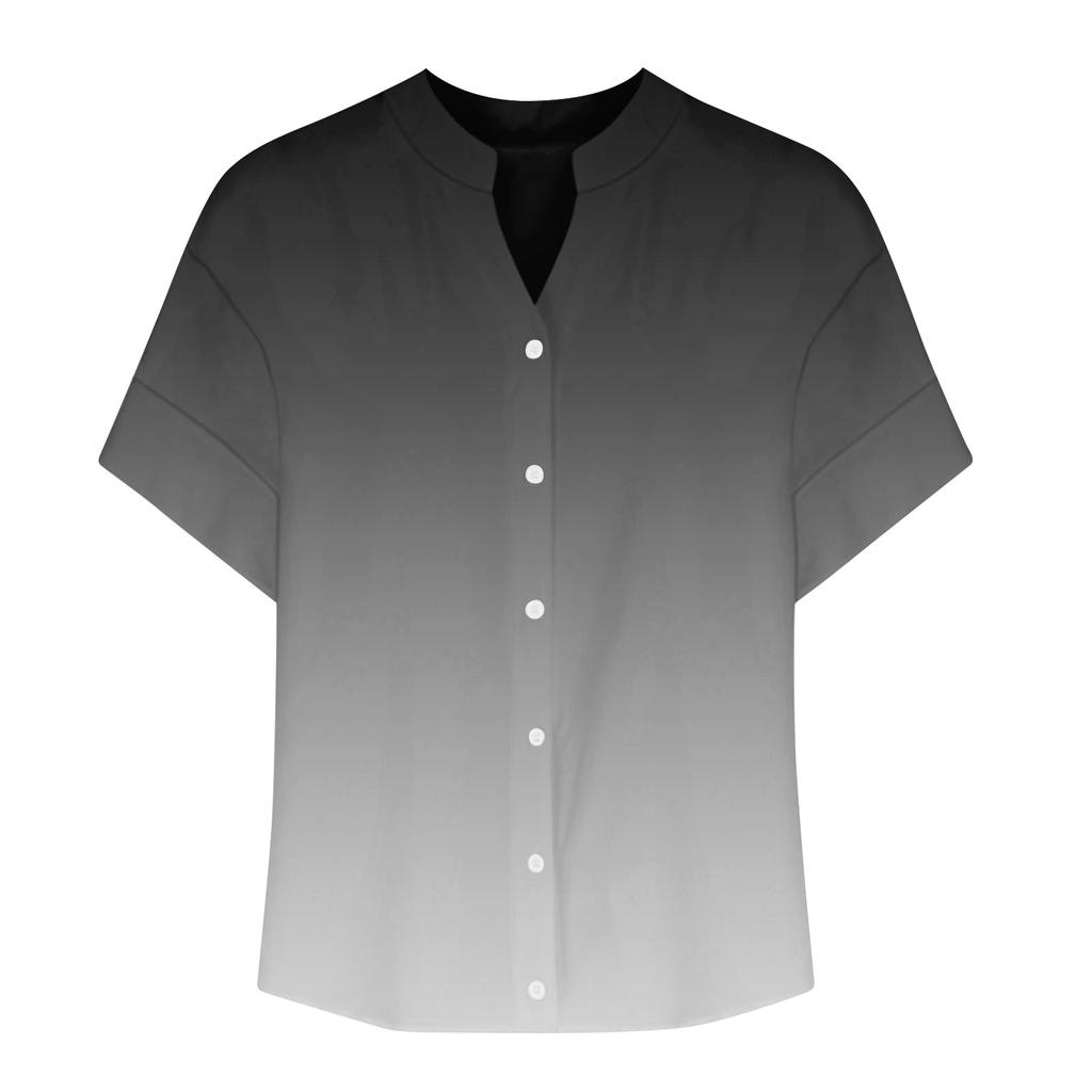 Women's loose printed stand collar short-sleeved cotton and linen top