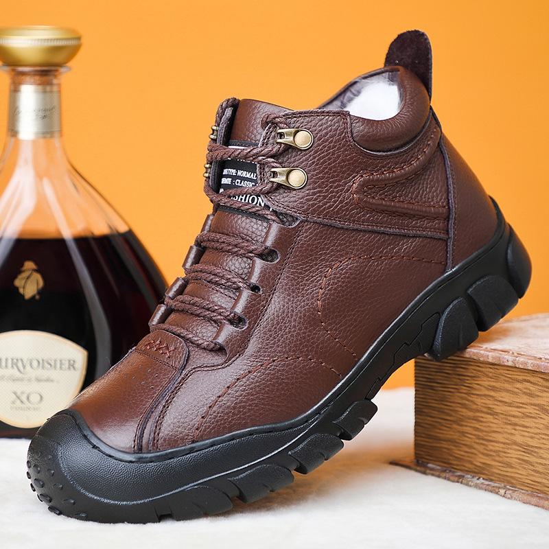

2025 winter new first-layer cowhide men s cotton shoes warm wool outdoor mountaineering leather high-top casual men s shoes 44 коричневый
