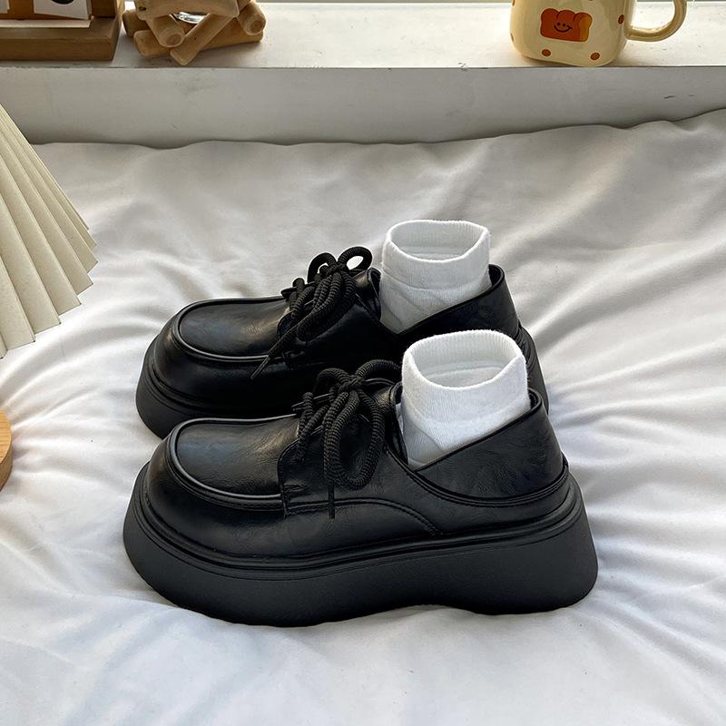 Retro British Style Lace-up Single Shoes Loafers 2025 Black Platform Small Leather Shoes Women's Muffin Versatile Spring New Models