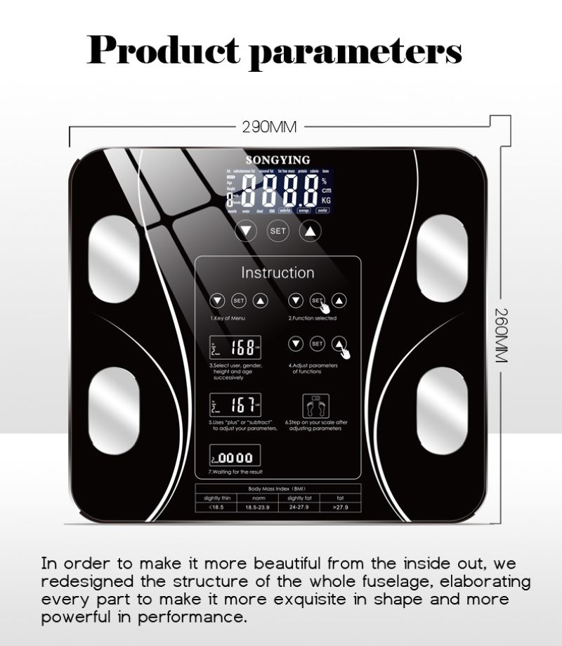 Bluetooth Body Fat Scale Electronic Digital Scale Smart Weight Scale Floor Bathroom Scales Balance Weighing Bmi Index 290*260mm