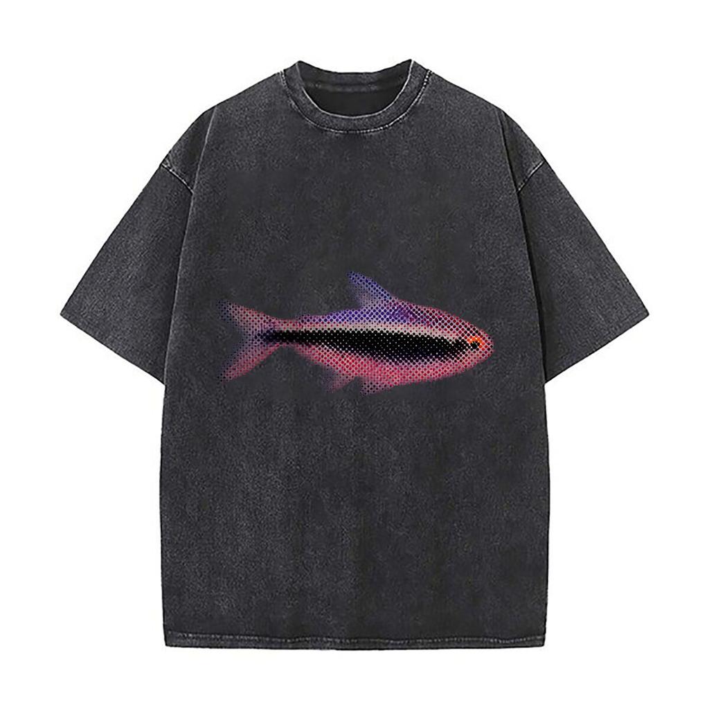 Neon Tetra Fish Halftone Dot Matrix Cyberpunk Graphic Washed Short Sleeve Loose Streetwear Tee Hip Hop