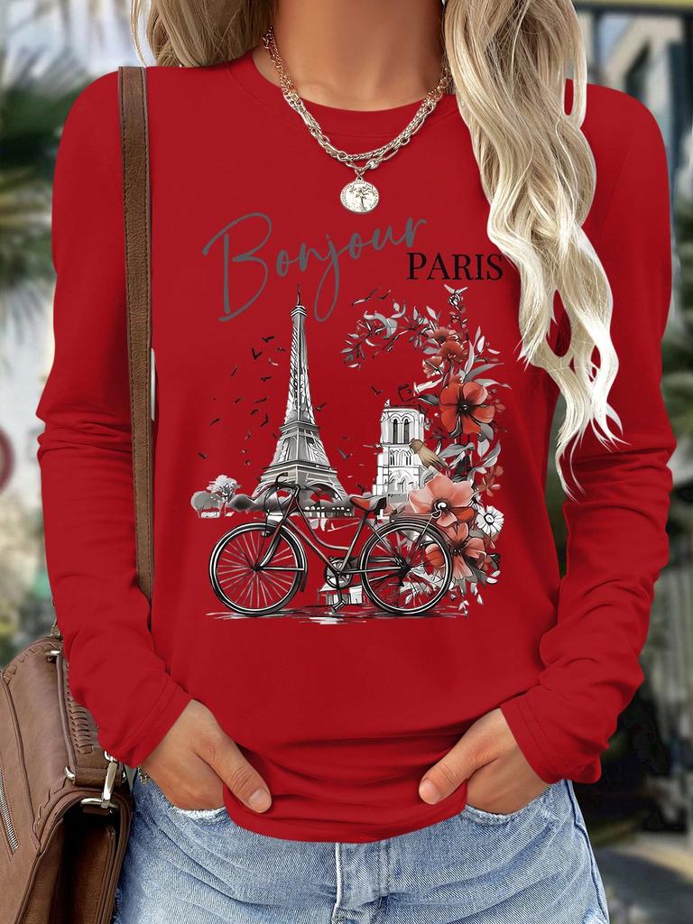 Women's Romantic Paris Print Casual Comfortable Long Sleeve T-Shirt, Versatile For Home Or Street Wear, Chic Spring/Summer Fall Cloth For Women