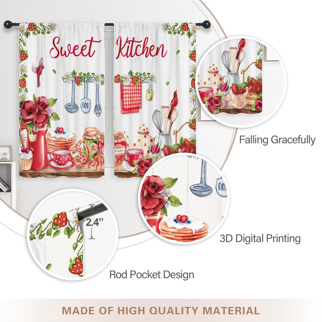 Panels Rustic Kitchen Curtains Small Short Strawberry Floral Fruit Dessert Wood Board Red Watercolor Farmhouse Made Of Polyester Window Treatment