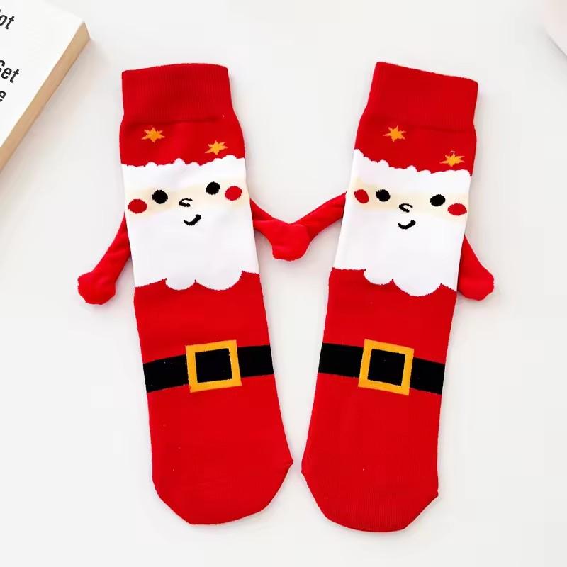 

2Pairs Christmas Magnetic Couple Socks with Hand-in-Hand Warm Knit Mid Calf Socks for Women Men Cold Winter Wear Home Floor Sock One Size