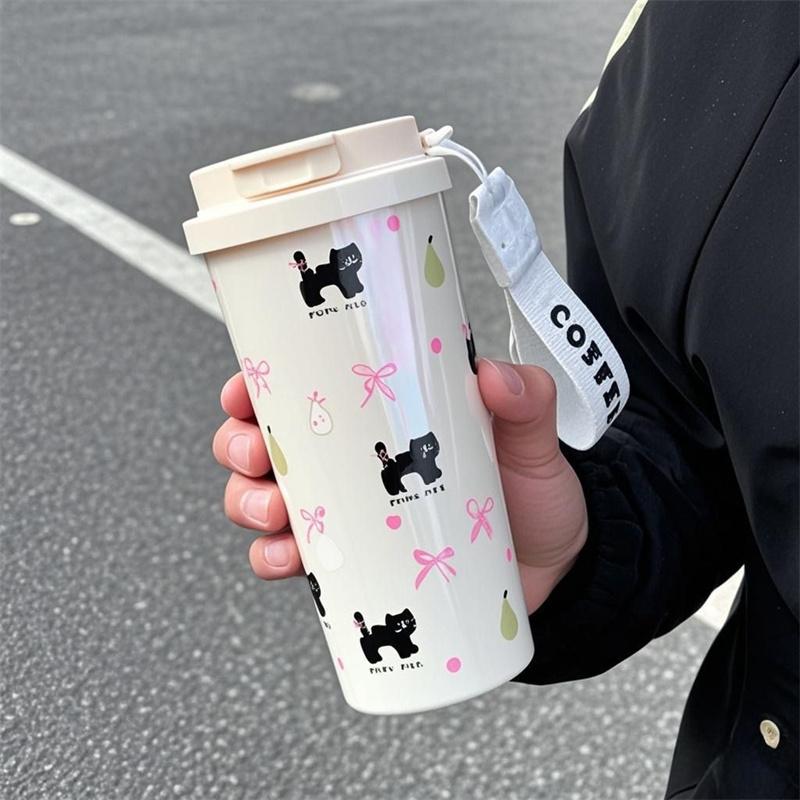 

Floral Kitten Design 550Ml Dual-Drink Vacuum Insulated Cup, Large Capacity Portable 316 Stainless Steel Water Bottle белый