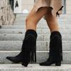 2024 Plus Size Women's Shoes Knee-High Women's Boots Pointed Toe Modern Boots Women Rivet Fringe Back Zip Med Heel Shoes Women