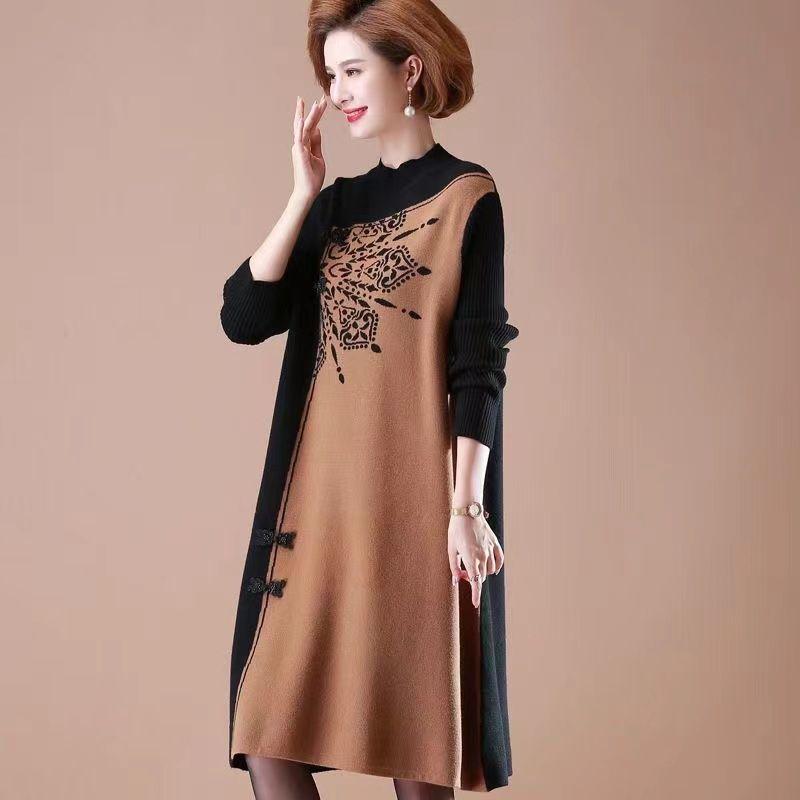 Women's Plus Size Knit Dress Autumn Winter Color-Block Loose Knit Sweater Dress Long A-Line Knit Dress