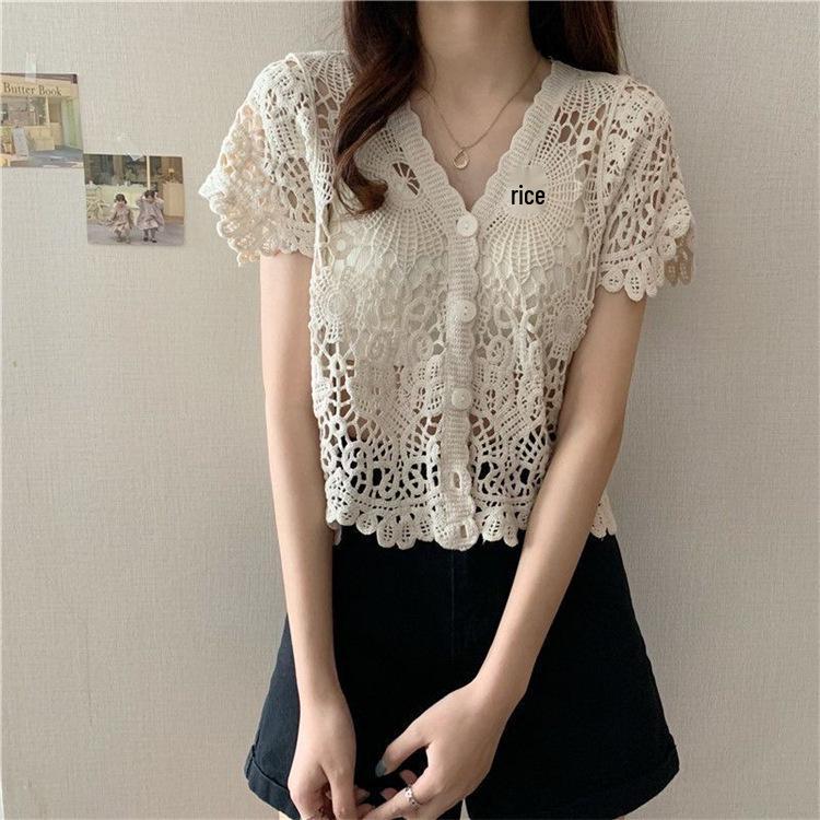 Women's French V-Neck Crochet Knit Cardigan - Chic Summer Fashion, Slimming Loose Fit, Versatile Top