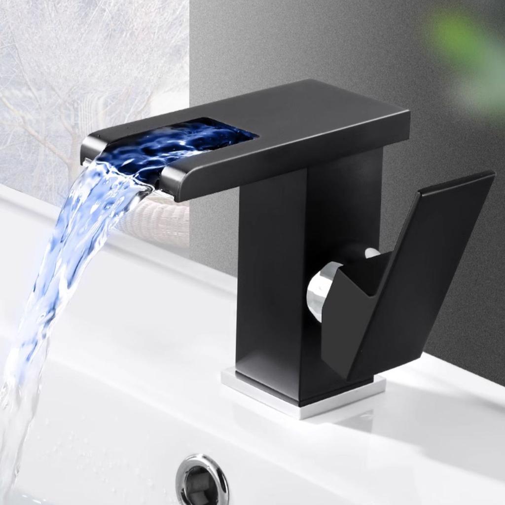 LED Bathroom Sink Faucet Brass Waterfall Faucet BlackBathroom Hot/Cold Mixer Crane Deck Mounted Wash Sink Taps Single Handle Tap