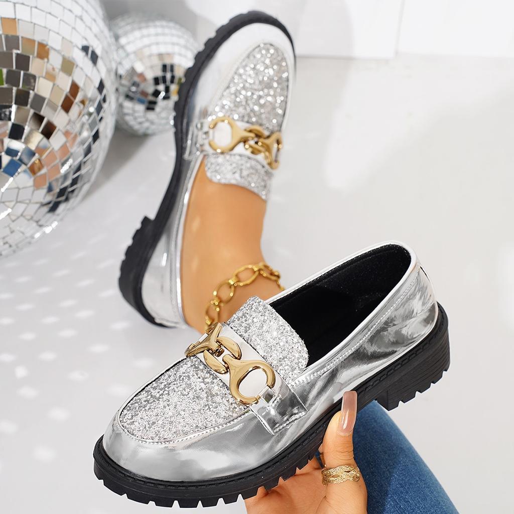 2025 autumn bright leather one-pedal loafers foreign trade round head i thick heel metal buckle foot casual shoes