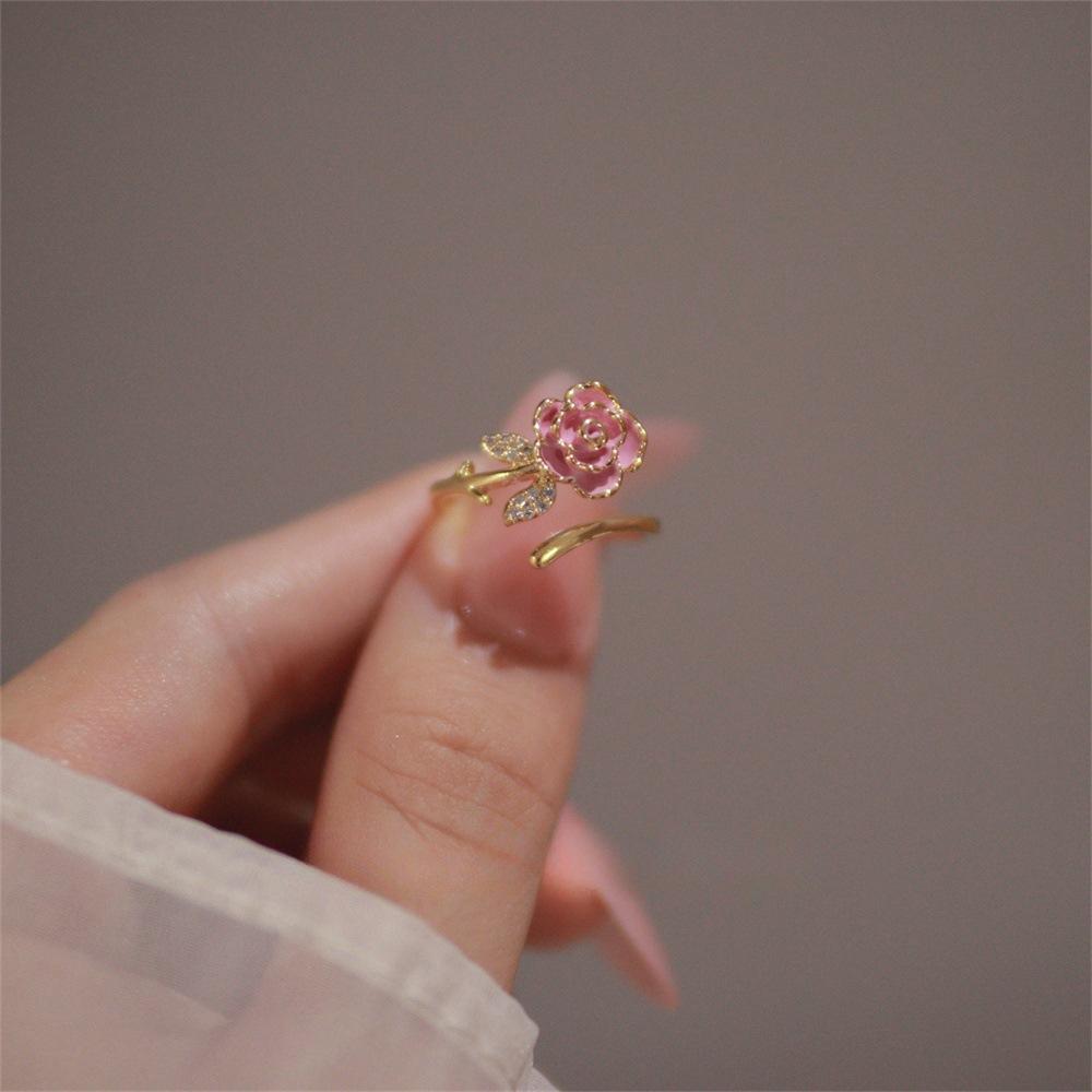 Французское Дроп-Глазурь Розовый Розовый Кольцо Женское Элегантное Открытое Кольцо