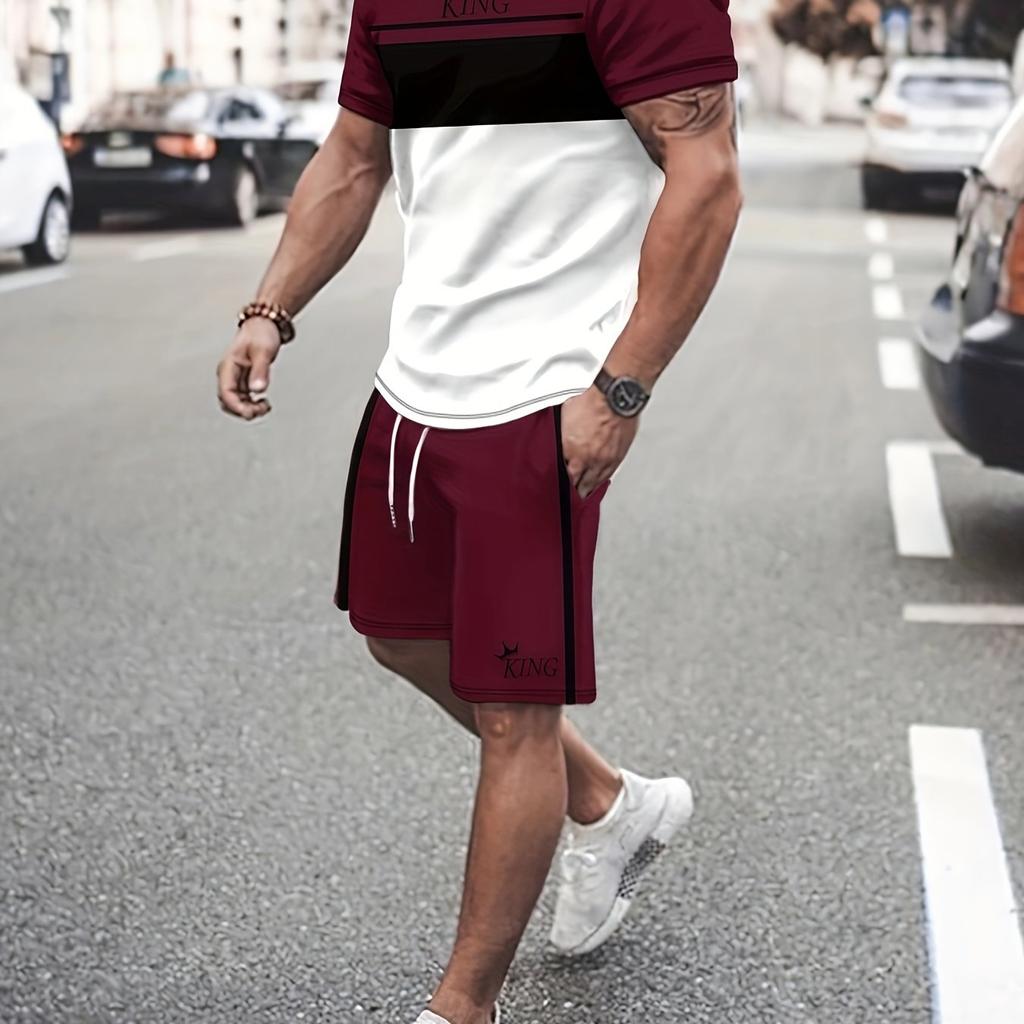 2Pcs Mens Color Block Loungewear Set - Casual Crew Neck T-Shirt & Drawstring Shorts for Summer, Stylish Comfortable Perfect for Vacation, Workout