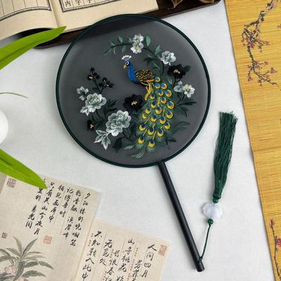 Chinese Style Double Sided Embroidery Fan Long Handle Classical Embroidery Round Fan Semi-Transparent with Tassel Dance Fan