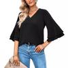 Womens Loose V-Neck Ruffle Sleeve Casual Top - Solid Color Breathable Stretch Fabric Short Blouse Daily Wear