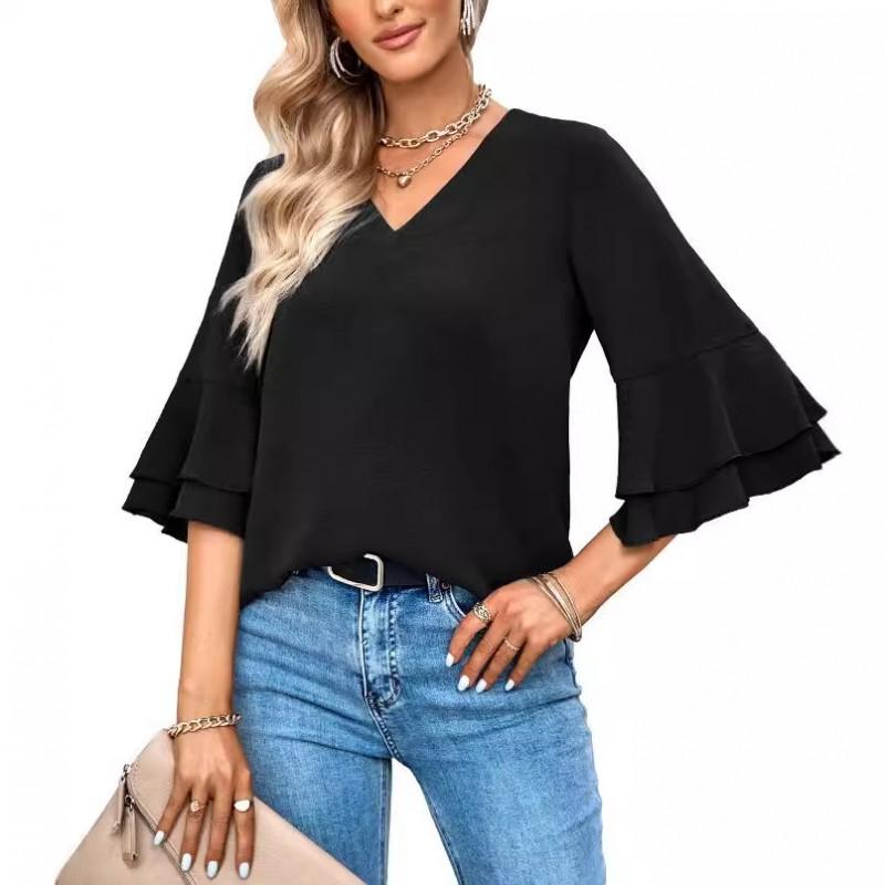 Womens Loose V-Neck Ruffle Sleeve Casual Top - Solid Color Breathable Stretch Fabric Short Blouse Daily Wear