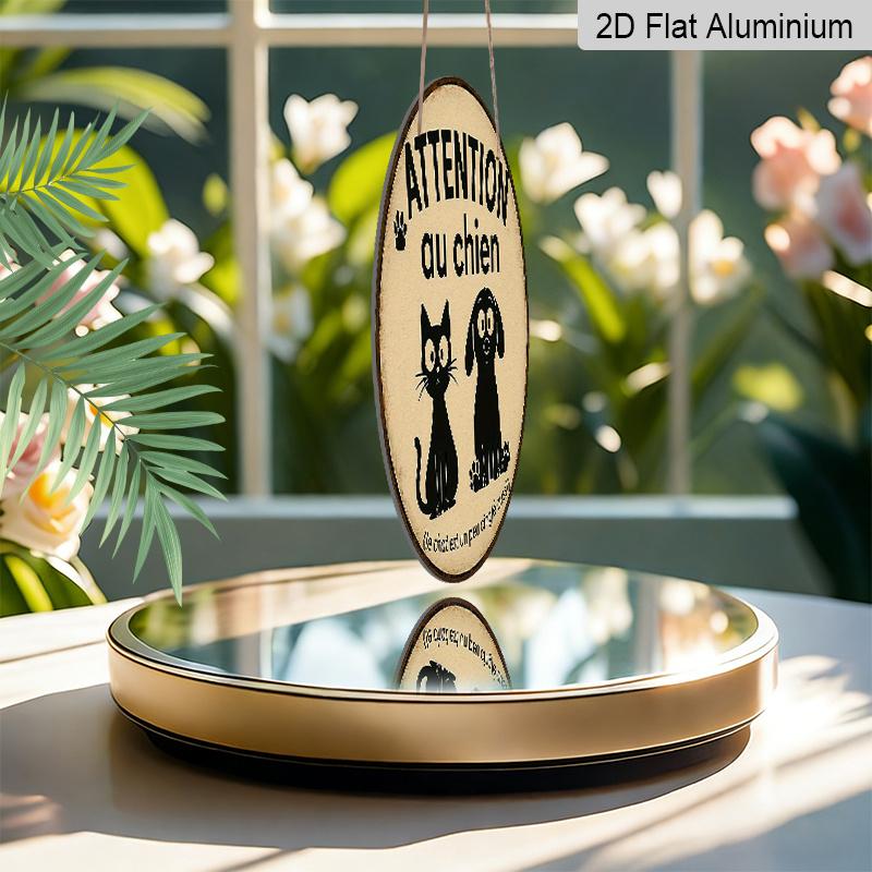 2D Flat, 1pc 7.87 Inch Round French Aluminum Sign, "Beware of Dog" Vintage Decorative Plaque, Pet Cat and Dog Reminder Decorative Art, Suitable for