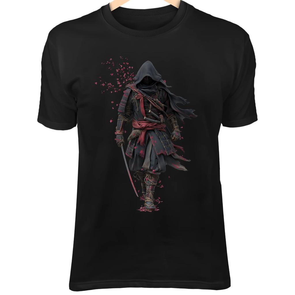 Silent Samurai II T-Shirt – Zerbrochene Maske, Blutiges Schwert, Nebeliger Pfad Krieger-Kunst