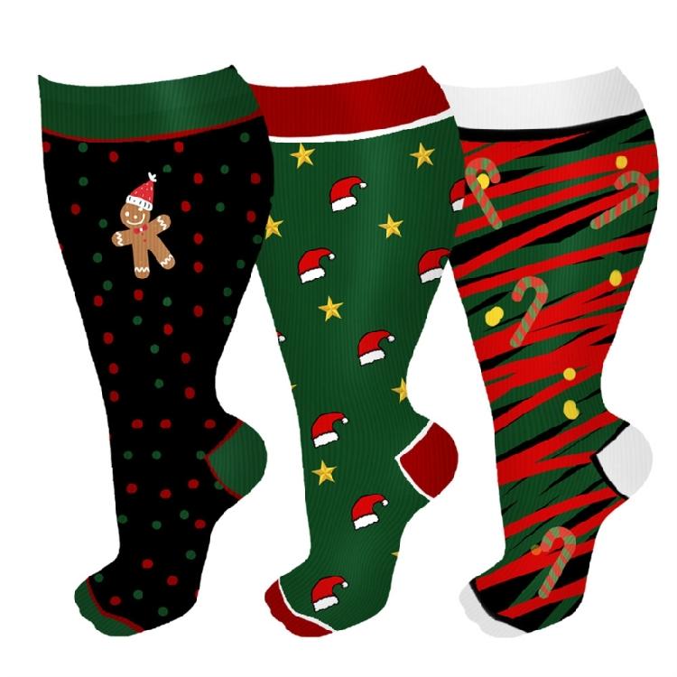 3 Pairs Christmas Pattern Athletic Wide Calf Compression Socks for Men and Women Running Flight Travel Nurses Pregnant
