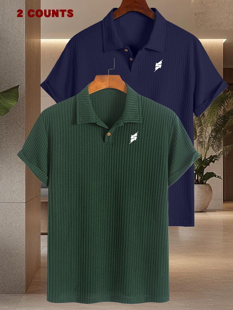 2pcs Men's Polo Shirts with S Letter Print Pattern, Short Sleeve Casual Shirts Comfortable Soft Knit Lapel Collar, Ideal for Daily Business Wear