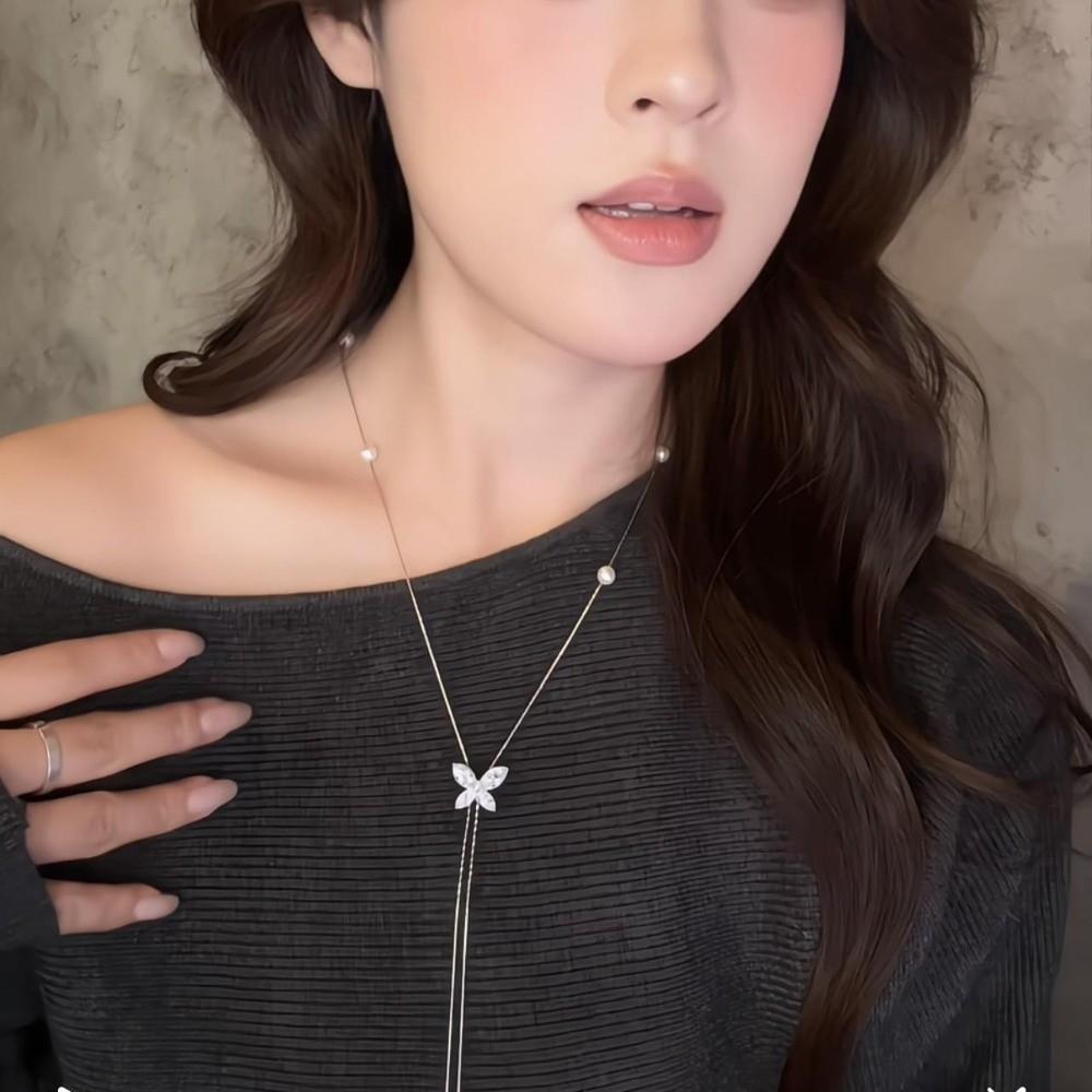 Flower Pearl Choker Metal Chain Tassel Collarbone Chain Personalized Butterfly Necklace  Gift