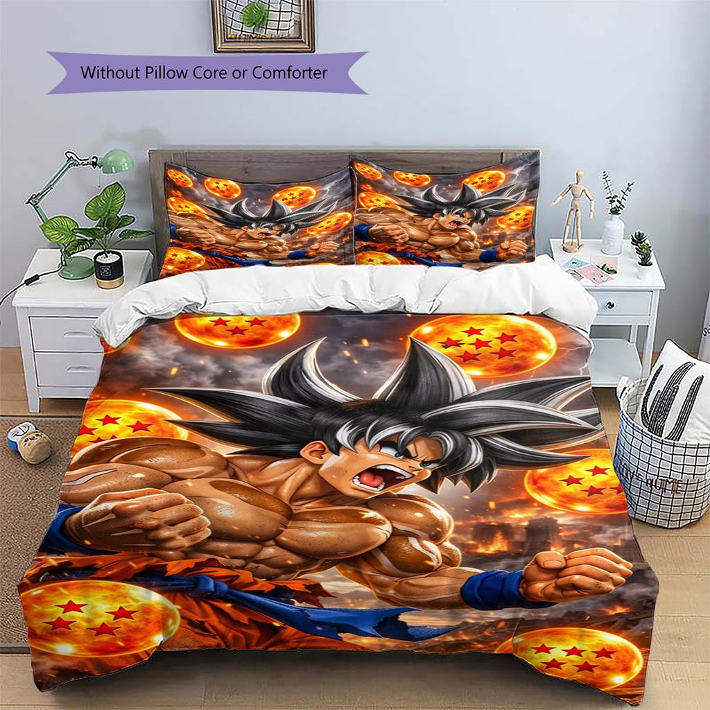 Goku Patterned Pillowcase & Duvet Cover Set Anime Inspired Bedding for Bedroom Nice Gift for Enthusiasts.-TING