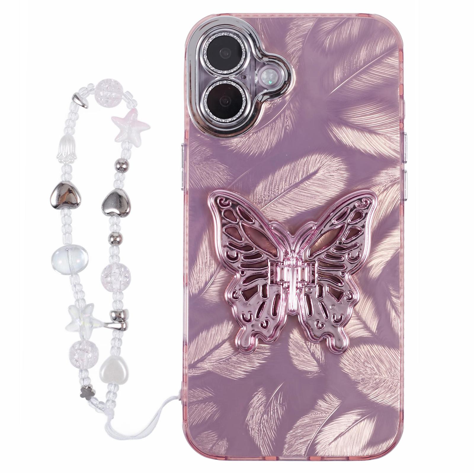 

For iPhone 16 Case Butterfly Kickstand PC+TPU IMD Phone Cover with Lens Film/Beaded Strap Feather Pattern Pink