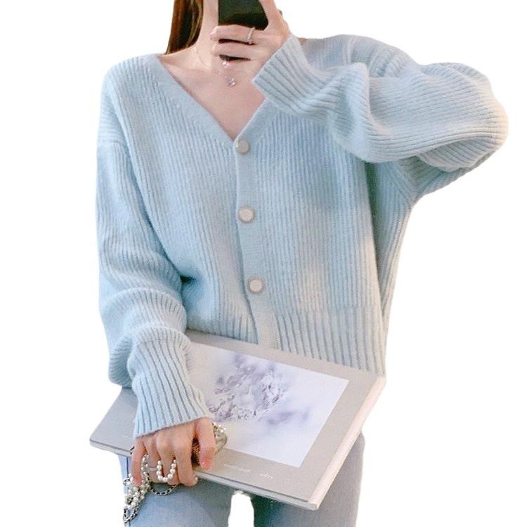 Autumn and Winter Gentle Style Loose Women's V-neck Knitted Cardigan Sweater Top for Women