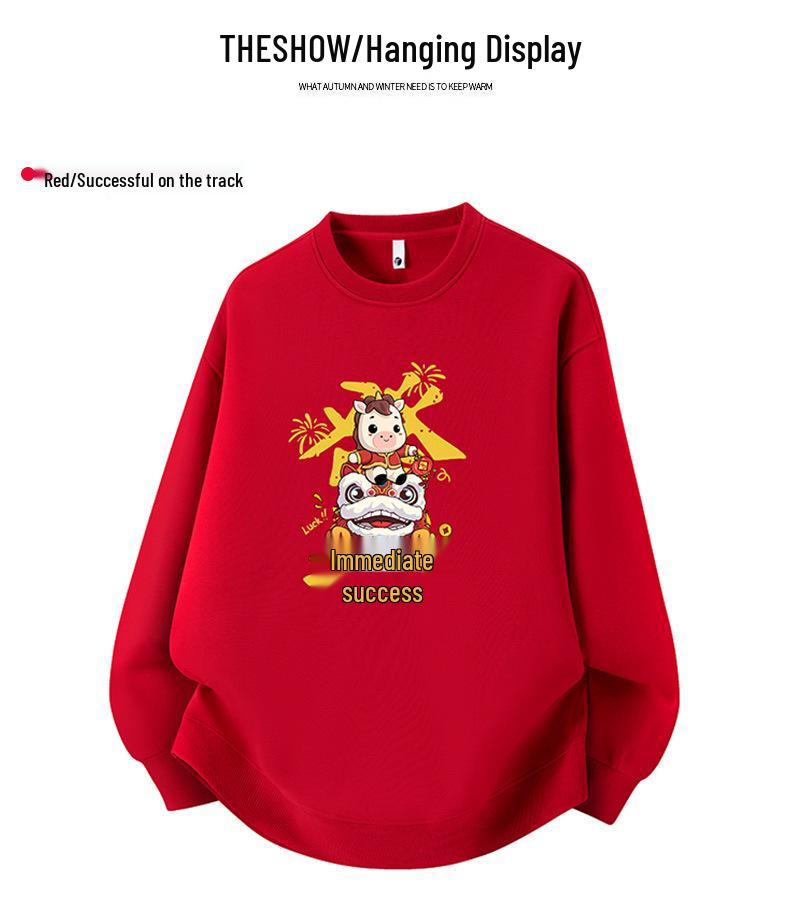 2025 Unisex Red Round Neck Year of the Horse Sweatshirt with Custom Logo, Thickened for Annual Meeting.
