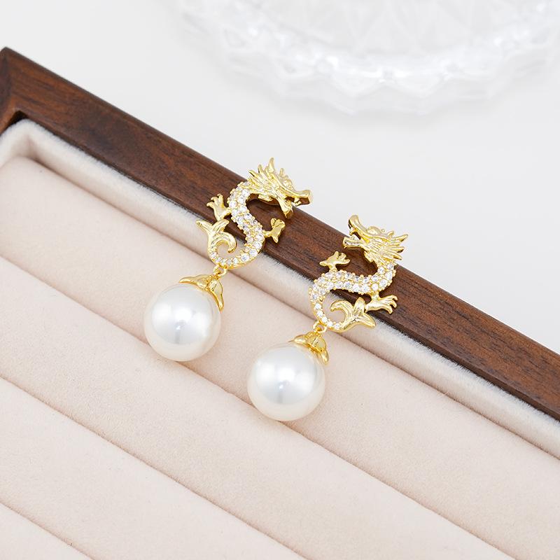 Year Of The Dragon Inlaid Zircon Pearl Earrings Chinese Style Red Earrings Chinese New Year Light Luxury High-End Earrings