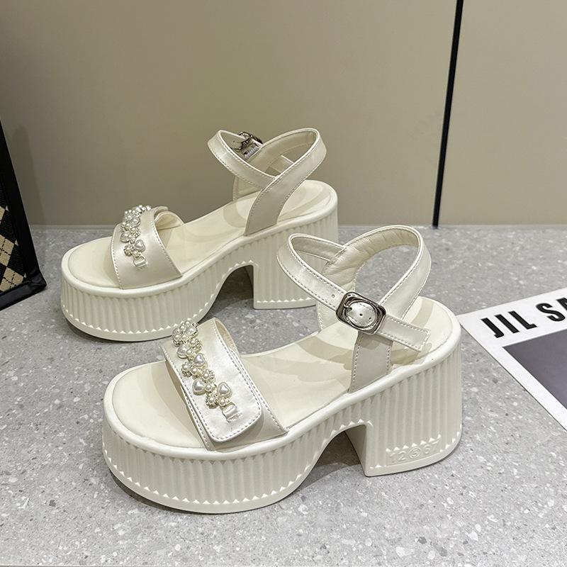 

10СМ Микрофибра Кожа Дышащие Новые Летние Высокий Бренд Каблуки Женские Туфли Сандалии на Платформе и Танкетке с Пряжкой Пип-Тоу Балетки Кроссовки 32 бежевый