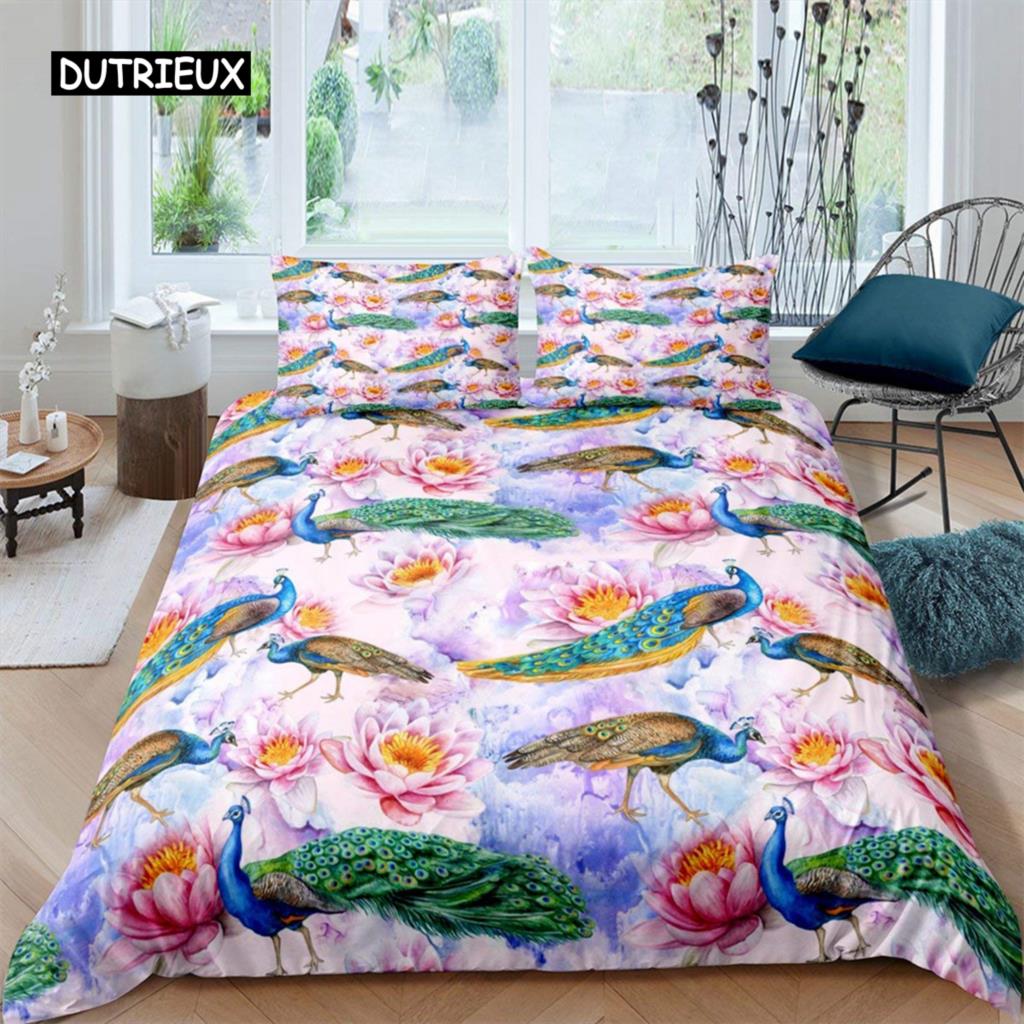 Duvet Cover Peacock Exotic Birds Animals Quilt Cover Polyester Feather Butterfly Flowers Bedding Set King For Girls Teen Room