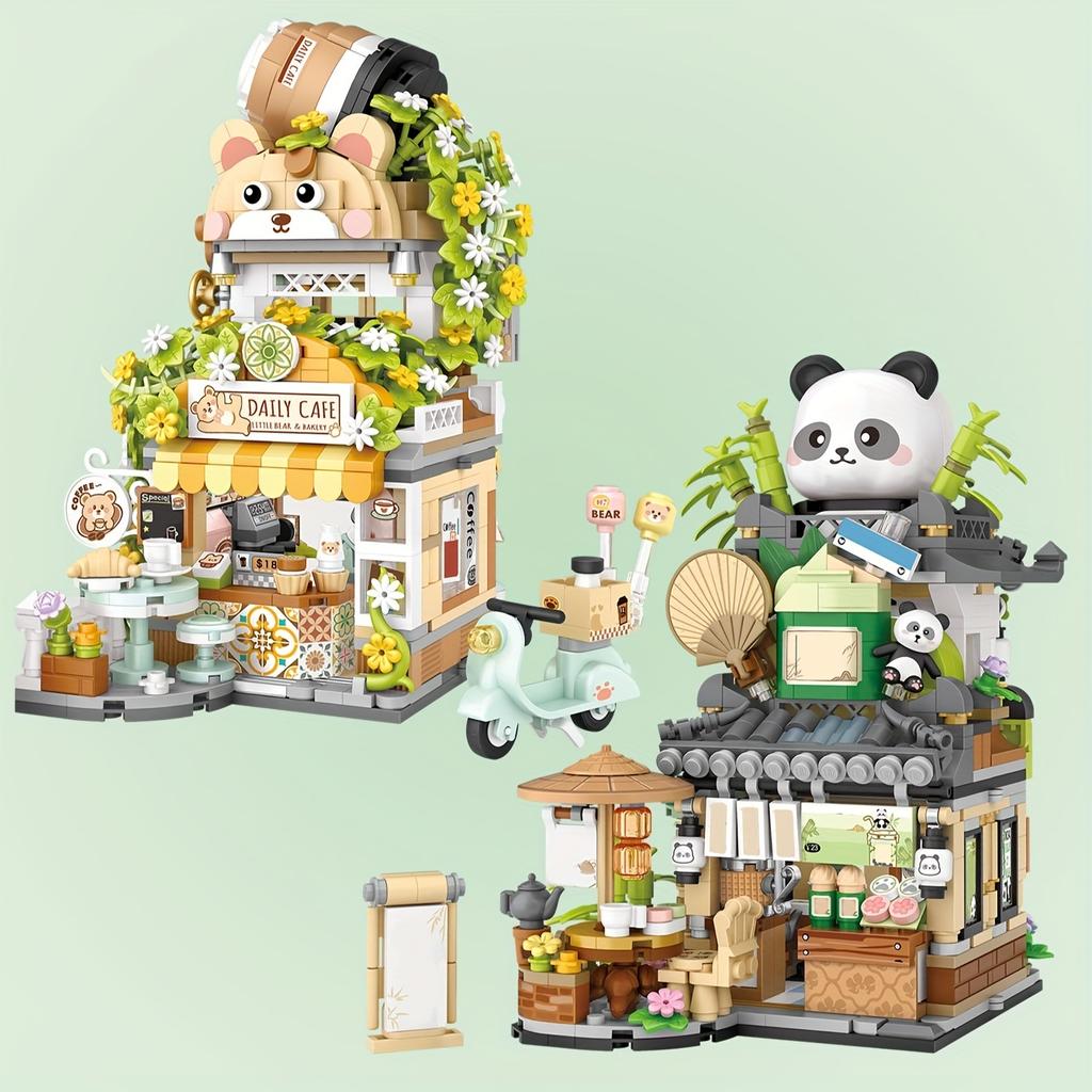 Street View Spring Style Cute Bear Cafe Store, Panda Tea House Mini Building Blocks Set, Diy Brick Set, Home Decor,