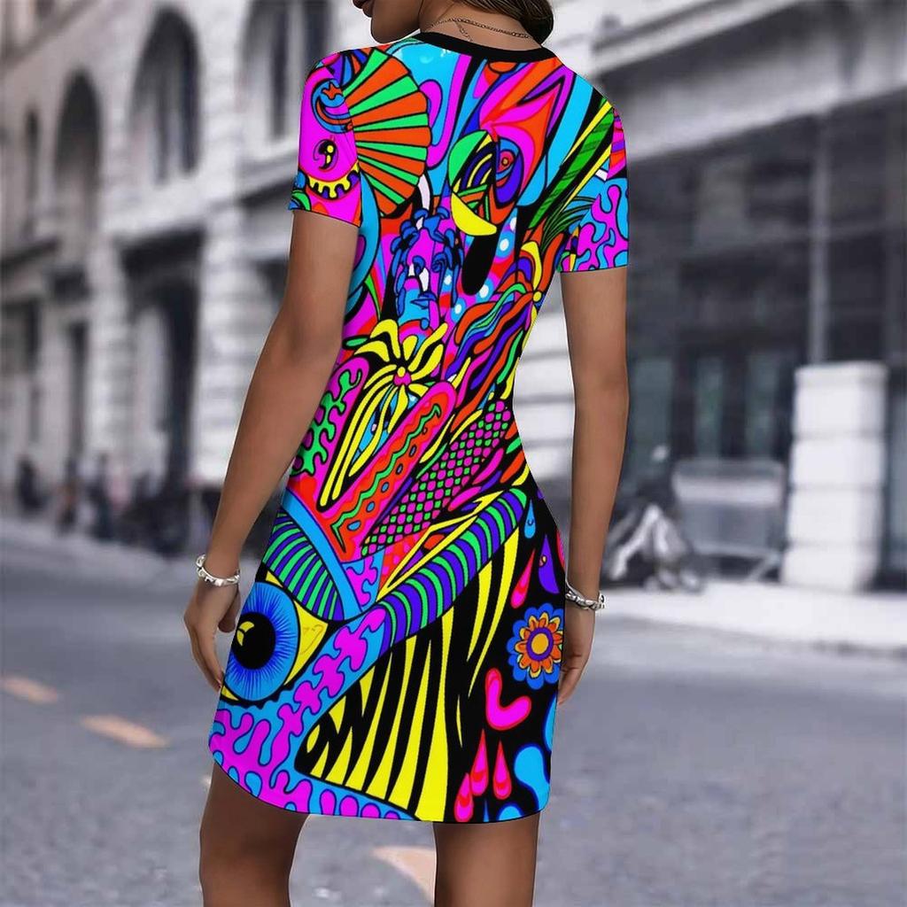 Fashion Womens Loose Abstract Pattern Print O Neck Short Sleeve Loose Streetwear A-line Dress