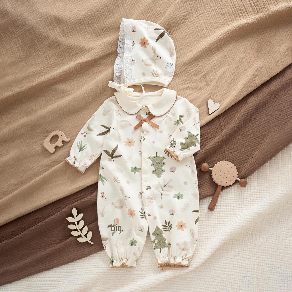 Mono de Algodón Floral Tipo A de Cuatro Estaciones para Bebés Niñas - Atuendo de Princesa para Primavera y Verano para Celebración de 100 Días